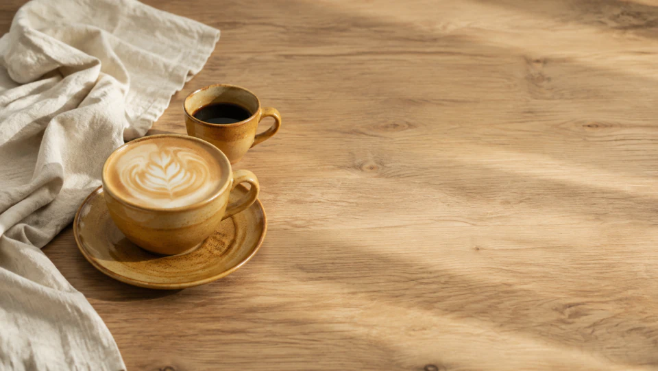 Two ceramic cups of coffee on a wooden table, sample image