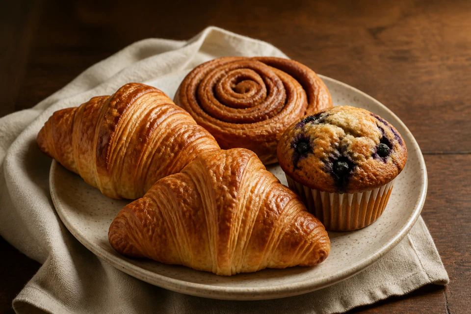 Croissants, a cinnamon pastry and a muffin, sample image