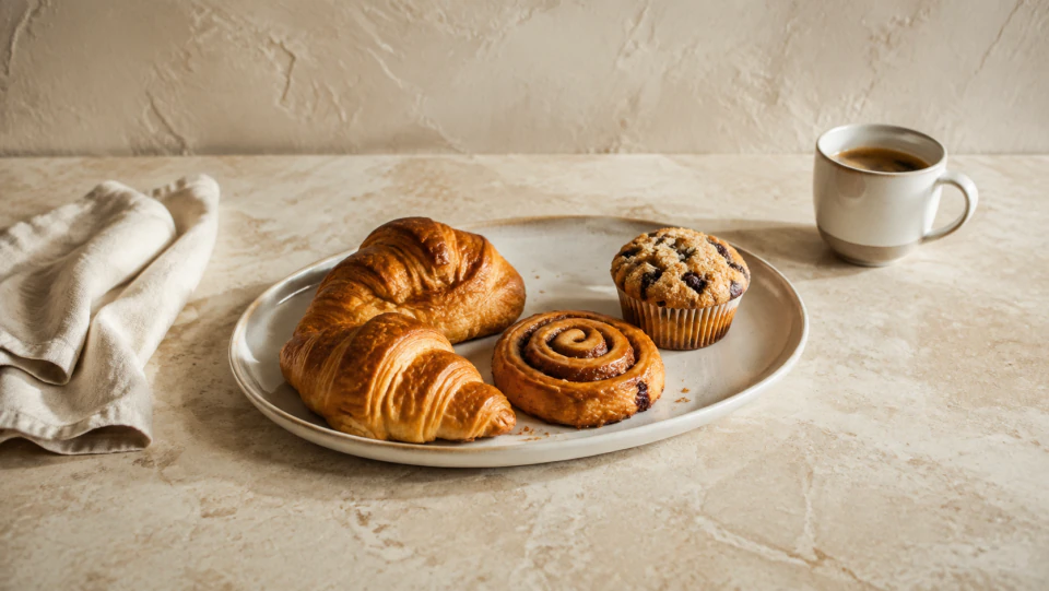 Pastries and coffee on a warm stone counter, sample image